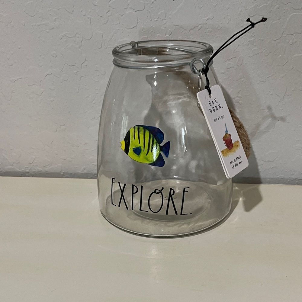 Rae Dunn Clear Glass Jar with Blue and Yellow Fish